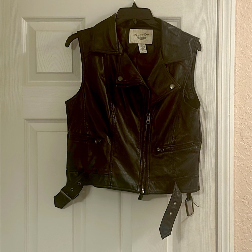 Vintage American Rag Black Leather Vest Size Large